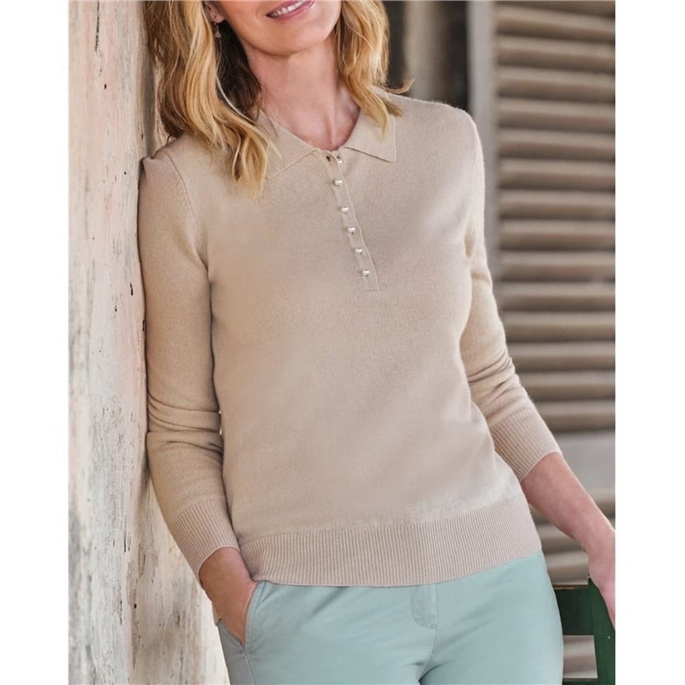 Woolovers Cashmere Merino Knitted Polo Sweater Sz XL Pearl Buttons Preppy Luxe